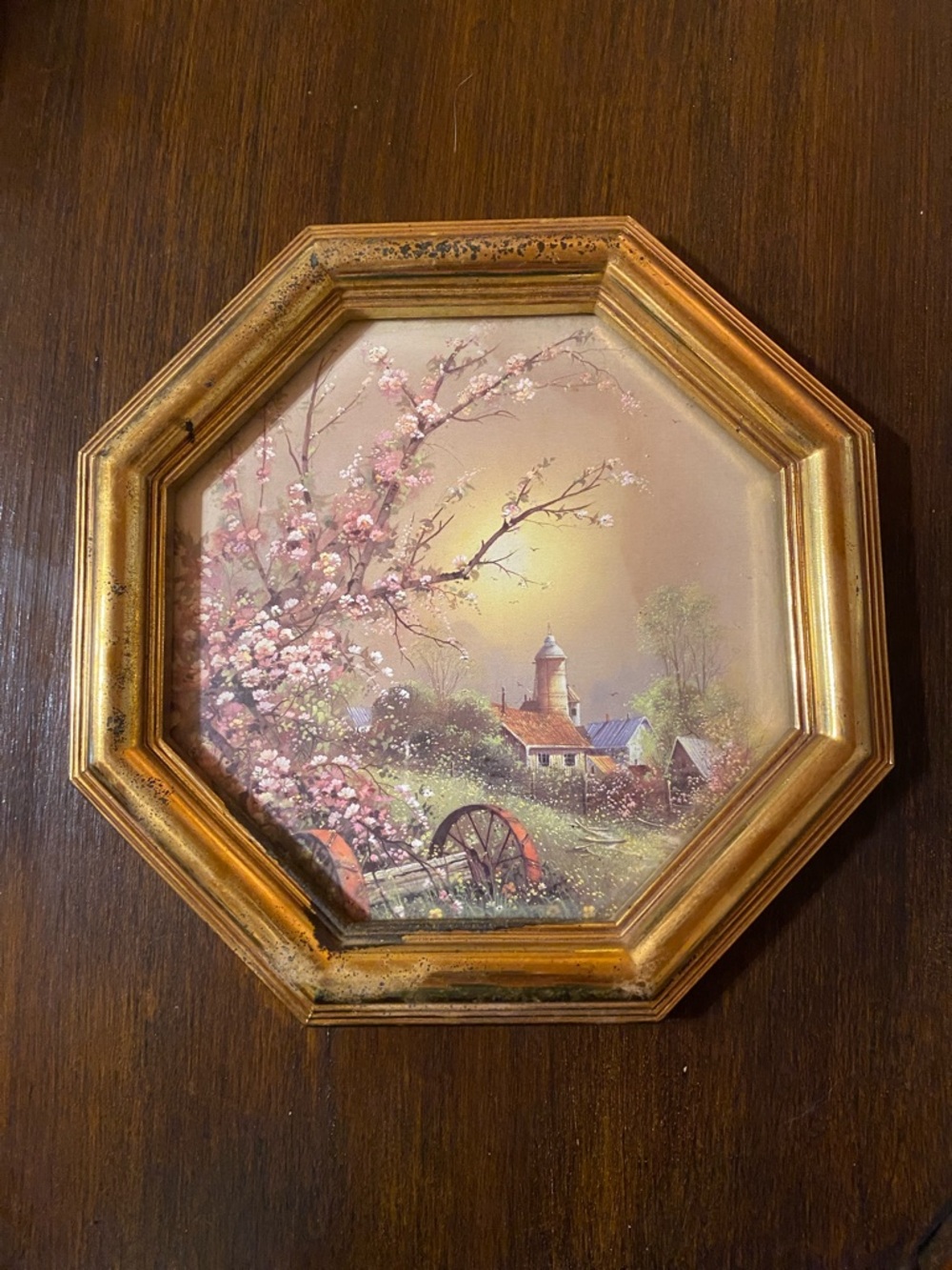 $15-Home Interior Octagonal Gold Framed Floral barn Landscape picture